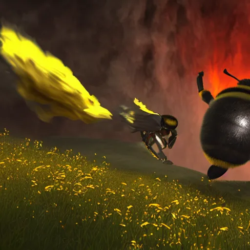 Prompt: blender render of a bumble bee fighting the norse god of valkarie to the ends of the earth, dark volcano mists of the armies of the tribes