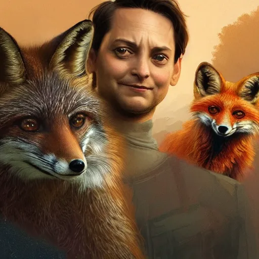 Image similar to tobey maguire and a red fox, intricate, highly detailed, digital painting, artstation, concept art, smooth, sharp focus, illustration, unreal engine 5, 8 k, art by artgerm and greg rutkowski and alphonse mucha