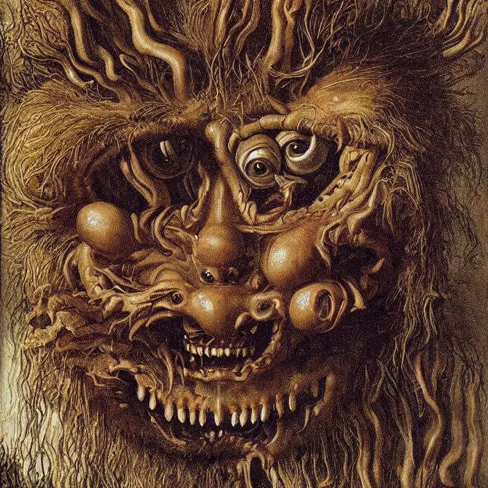 Image similar to close up portrait of a mutant monster creature with crooked boar - like teeth, flower iris eyes, ingrown nose, spidery mustache, lace and manbun. jan van eyck