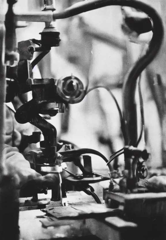 Image similar to a close - up casual photo of marcel duchamp working on a machine, 1 9 2 0 s monochrome snapshot, graflex 4 x 5, f 1. 8, 3 5 mm, ilford delta 3 2 0 0 pro