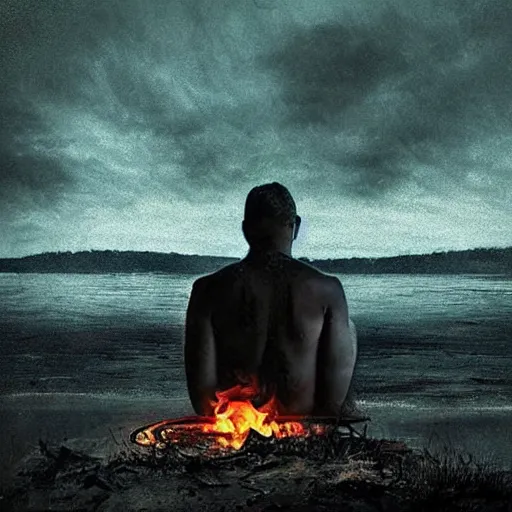 Prompt: a man sits beside a fire on the beach by a lake on a dark night and a great massive creature of shadow and terror rises out of the water barely visible in the darkness, modern supernatural thriller aesthetic inspired by gregory crewdson and frank miller, realistic painting.