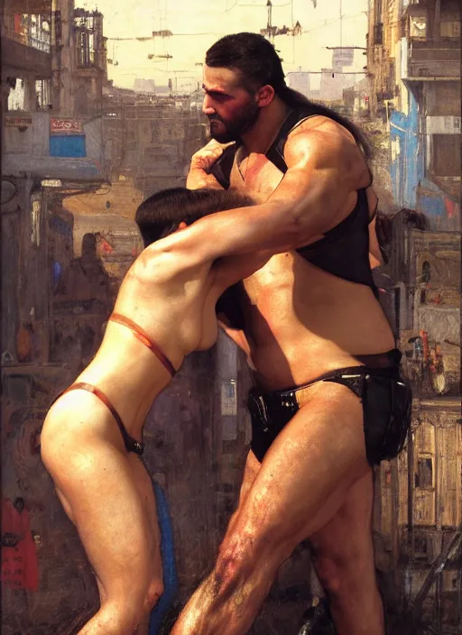 Prompt: big mike. cyberpunk meathead getting punched. (Cyberpunk 2077, bladerunner 2049). Iranian orientalist portrait by john william waterhouse and Edwin Longsden Long and Theodore Ralli and Nasreddine Dinet, oil on canvas. Cinematic, hyper realism, realistic proportions, dramatic lighting, high detail 4k