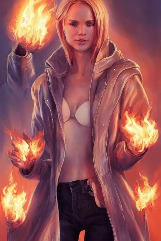 Image similar to wonderful young blonde woman with flames dancing on her hands with a long jacket in a cyberpunk city, realistic, high definition, detailed and symetric face, detailed and realistic hands, expressive eyes, 4 k, shimmering color, art by artgerm ans greg rutkowski and magali villeneuve