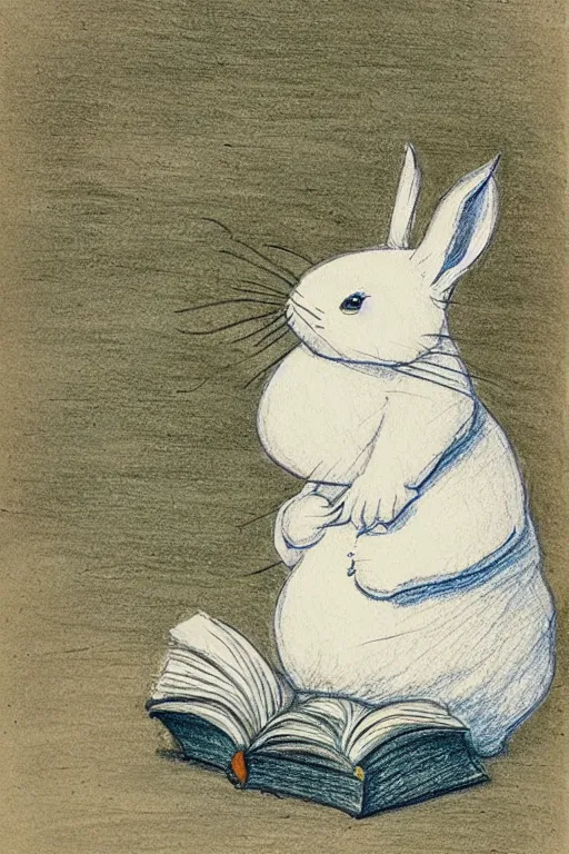 Image similar to drawing of white rabbit reading a book,Beatrix Potter, turquoise