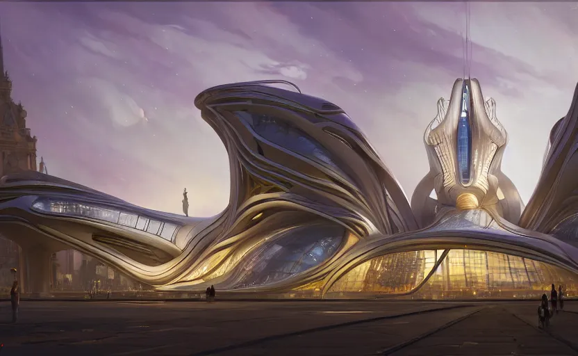 Image similar to exterior shot of utopian architecture transparent building with cinematic lighting by zaha hadid and renzo piano, darek zabrocki and greg ruthkowski, alphonse mucha, simon stalenhag, cinematic, stars, beautiful, holy place, paradise, scifi, futurism, atmospheric, concept art, artstation, trending on artstation