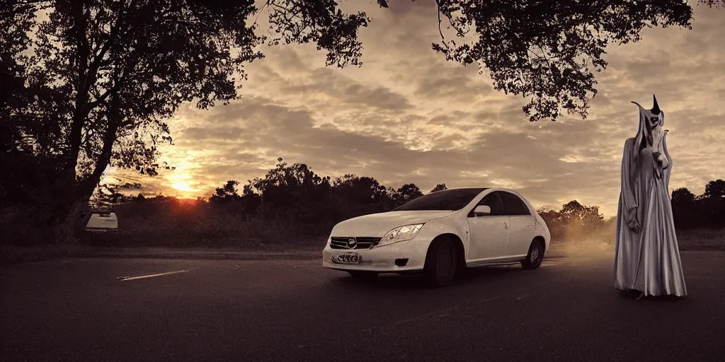 Prompt: a scary witch ghost next to an idle car, on the side of the road, the sun is setting, magic hour, ominous, scary, evil, photograph by Nick Knight