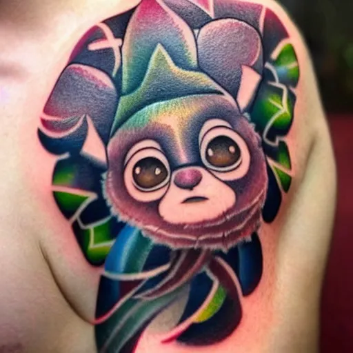 Image similar to shoulder tattoo of a meditating cute realistic bush baby, eyes are sparkeling rainbow spirals, glowing multicolored chakra symbols, surrounded with colorful lotus flowers, insanely integrate