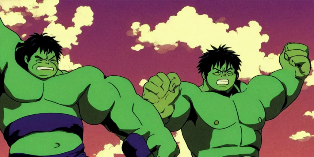 Prompt: studio ghibli image of the hulk fighting thanos