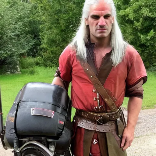 Image similar to real life geralt of rivia working as a postman