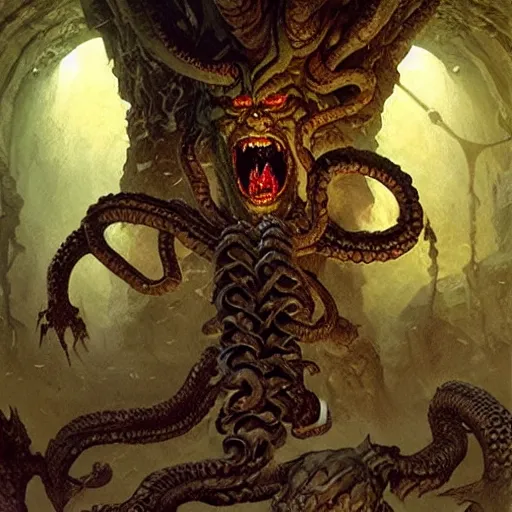 Image similar to encounter with medusa gorgon in a dungeon, d & d, fantasy, greg rutkowski, frank frazetta, alexandre chaudret, boris vallejo, michael whelan, miro petrov, hr giger, magali villeneuve, donato giancola