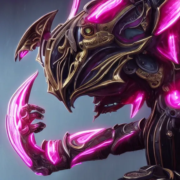 Image similar to highly detailed exquisite fanart, of a beautiful female warframe, but as an anthropomorphic elegant robot female dragon, shiny and smooth off-white plated armor engraved, robot dragon head with glowing eyes, Fuchsia skin beneath the armor, sharp claws, long sleek tail behind, robot dragon hands and feet, standing elegant pose, close-up shot, full body shot, epic cinematic shot, professional digital art, high end digital art, singular, realistic, DeviantArt, artstation, Furaffinity, 8k HD render, epic lighting, depth of field