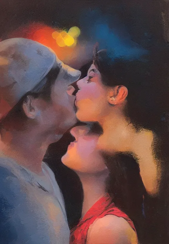 Image similar to a guy and a girl kissing, artwork by salman toor, cinematic light, atmospheric effects, oil on canvas