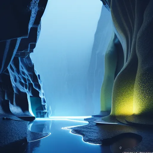 Image similar to light is mine to travel,beyond time ,the cathedrals in a underground vast cave canyon grotto of life the beginning , geological strata,ground mist, falling water,deep clear pools of water, hyper-maximalist,micro details, 3d sculpture,,digital rendering,octane render , 4k, artstation, concept art ,amazing lighting, f32,deep depth of field,photographic, wide angle,cinematic lighting