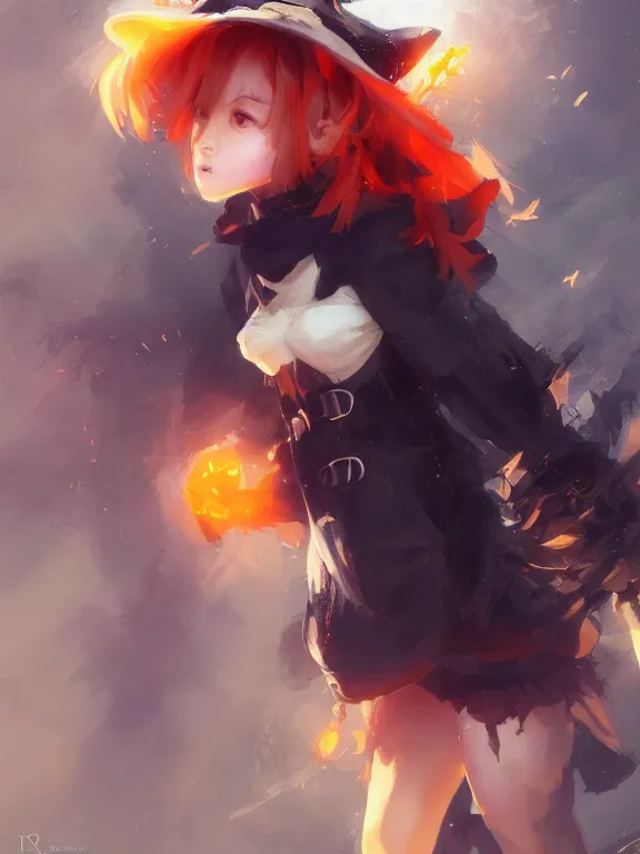 Prompt: Full shot of a cute mischievous young witch about to get up to some trouble. Black and Orange palette. By Ruan Jia and Artgerm and Range Murata and WLOP and CLAMP. Key Art. Fantasy Illustration. award winning, Artstation, intricate details, realistic, Hyperdetailed, 8k resolution.