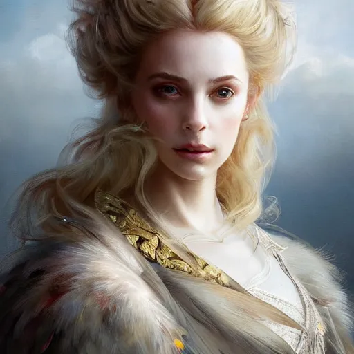 Image similar to portrait painting of a beautiful blonde lady with a kind face wearing a feathered cloak and noble garments, ultra realistic, concept art, intricate details, eerie, highly detailed, photorealistic, octane render, 8 k, unreal engine. art by artgerm and greg rutkowski and charlie bowater and magali villeneuve and alphonse mucha