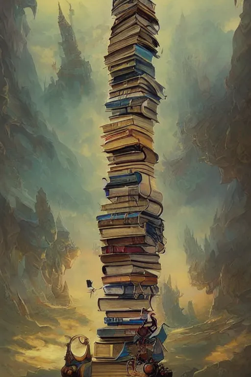 Prompt: tall pile of books reaching the sky, fairytale, magic realism, steampunk, mysterious, vivid colors, by peter mohrbacher