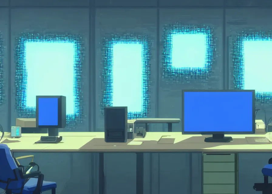 Image similar to an interior room with old pc computers with blue screens stacked on the walls and someone sitting at a desk, makoto shinkai, dusty