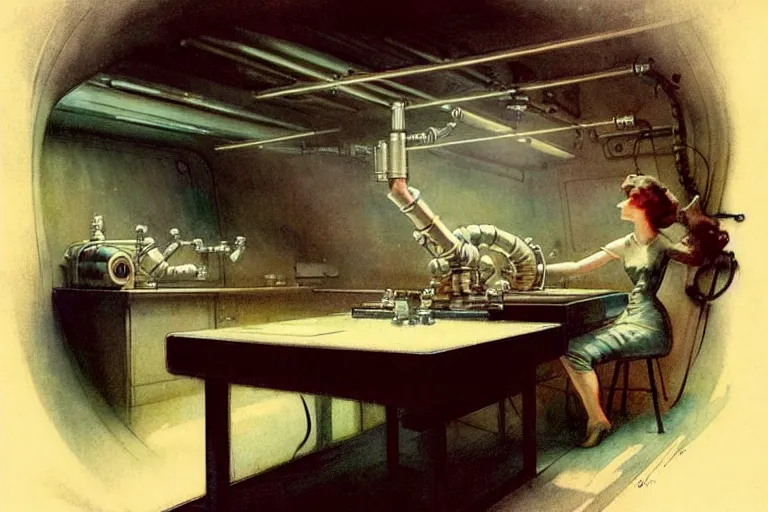 Prompt: ( ( ( ( ( 1 9 5 0 s retro science fiction engine room interior scene. muted colors. ) ) ) ) ) by jean - baptiste monge!!!!!!!!!!!!!!!!!!!!!!!!!!!!!!