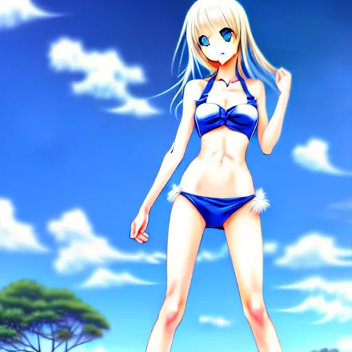 Image similar to tiny father a tall daughter picture : a very beautiful young blond anime girl, sky blue eyes, bikini, white miniskirt, highly detailed, cinematic wallpaper by stanley artgerm lau