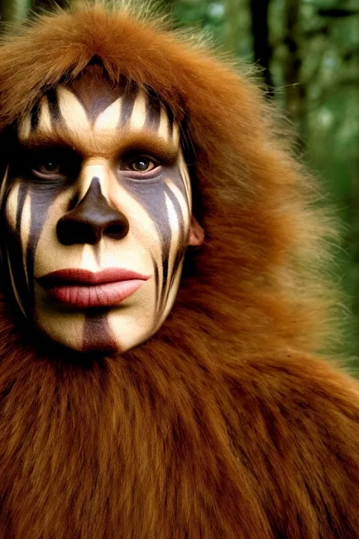 Image similar to a professional portrait photo of a neanderthal woman forest, face paint, ginger hair and fur, extremely high fidelity, natural lighting, still from the movie quest for fire