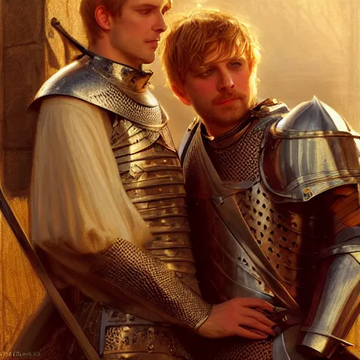 Image similar to attractive arthur pendragon and his favourite attractive male knight, they are in love, camelot, natural lighting, path traced, highly detailed, high quality, digital painting, by gaston bussiere, craig mullins, j. c. leyendecker