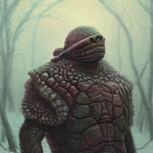 Image similar to anthropomorphic turtle humanoid, carapace, wayne barlowe, blizzard, winter, night, furs, fantasy