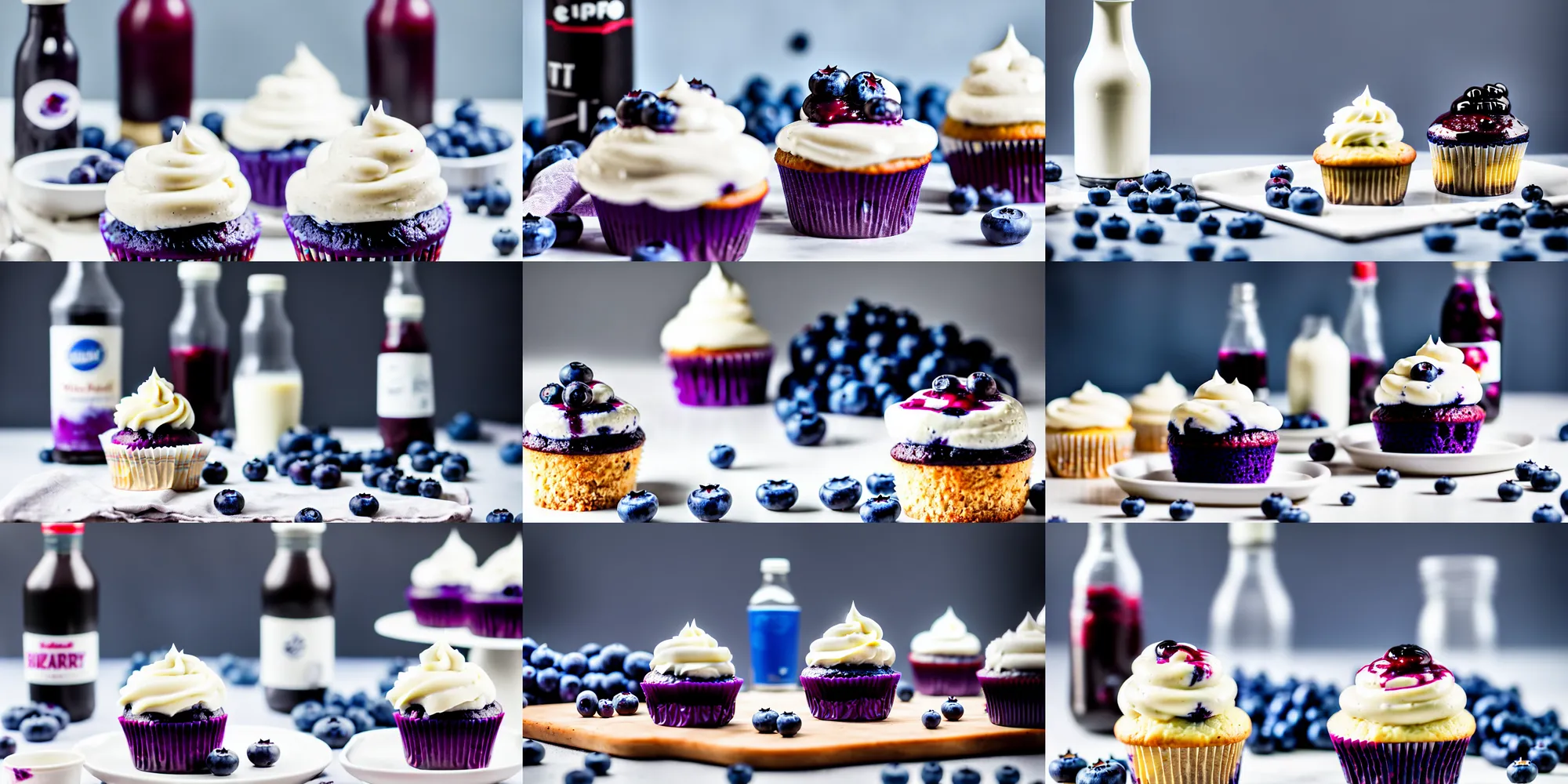 Prompt: dslr food photograp of a blueberry cupcake white creme topping and a bottle of blueberry sauce on the side, narrow shot, 8 5 mm f 1. 8