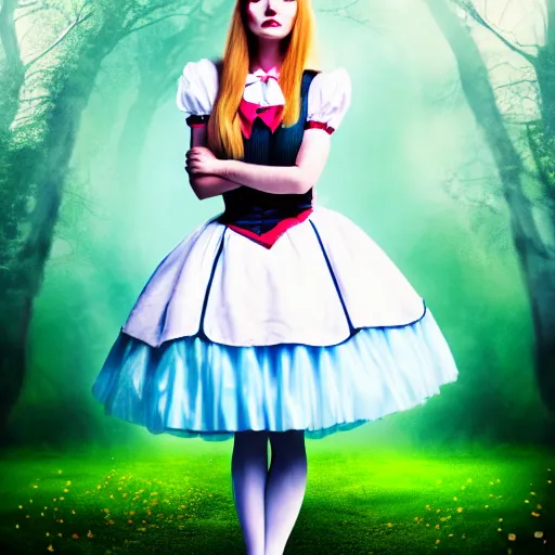 Prompt: beautiful full body portrait of alice in wonderland, middle aged, atmospheric, 4 k, strap shoes, white rabbit in background