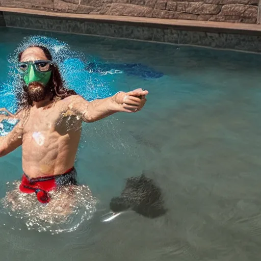 Image similar to jesus on his cross with a mask and snorkel swimming in a pool with water up to his waist