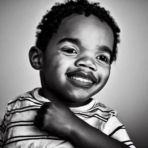 Image similar to the face of young chance the rapper at 1 years old, black and white portrait by julia cameron, chiaroscuro lighting, shallow depth of field, 8 0 mm, f 1. 8