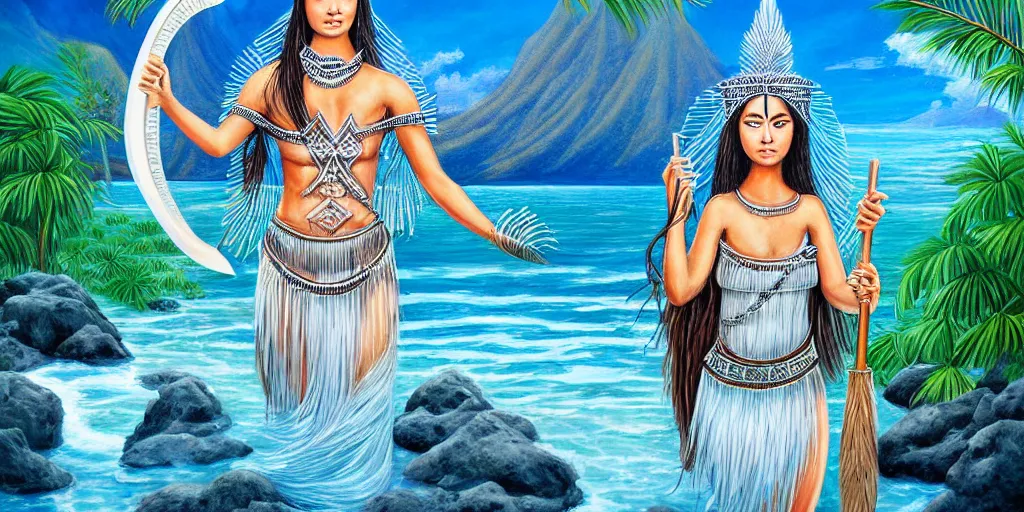 Image similar to polynesian peace goddess, crystal clear lemuria sunken architectural marvels, crisp realistic fantasy art painting