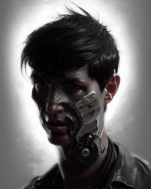 Prompt: professional concept art portrait of a diesel punk man with short black hair in a dark room by artgerm and greg rutkowski ( thin white border ). an intricate, elegant, highly detailed digital painting, concept art, smooth, sharp focus, illustration, in the style of cam sykes, wayne barlowe, igor kieryluk.