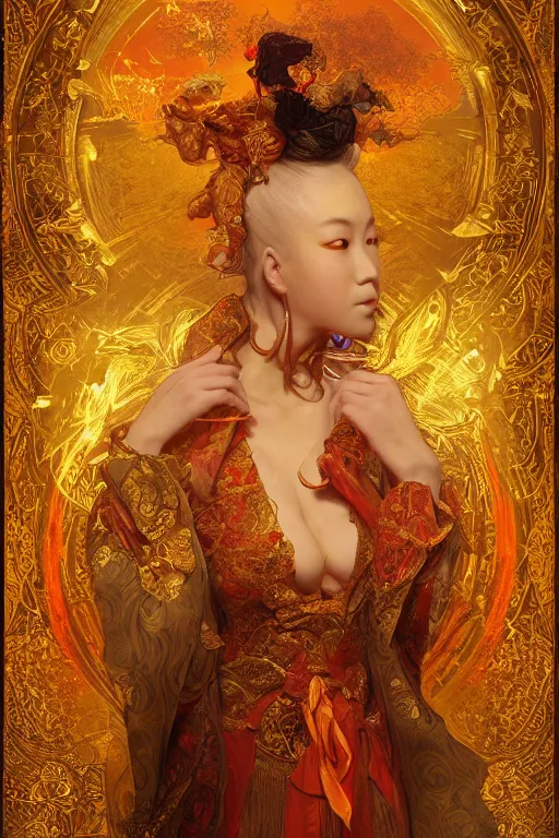 Image similar to tarot card artstation, portrait of a japanese love dancer, sunrise, baroque ornament and rococo ornament, ancient chinese ornate, hyperdetailed, beautiful lighting, craig mullins, mucha, klimt, yoshitaka amano, red and gold and orange color palette