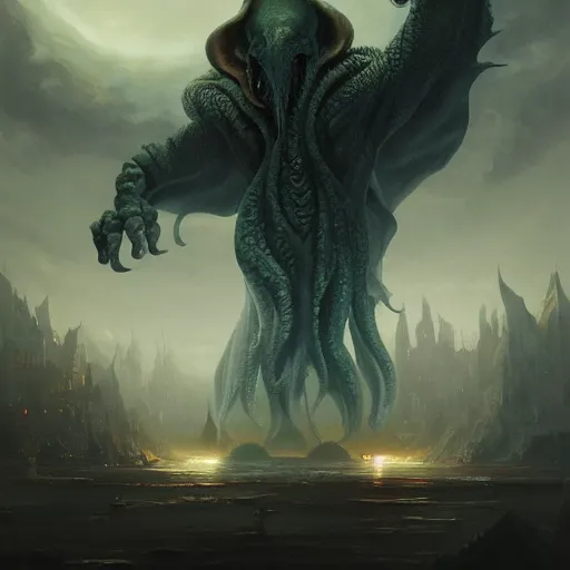 Image similar to gigantic cthulhu, size comparsion, small city, dramatic lighting, chiaroscuro, high detail, painted by greg rutkowski, painted by igor kieryluk, painted by bobby chiu, trending on artstation