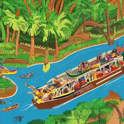 Prompt: aerial view of the jungle cruise riverboat in a river in adventureland disneyland, poster art, concept art, colorful, 2 d, flat style, nautical navigation map