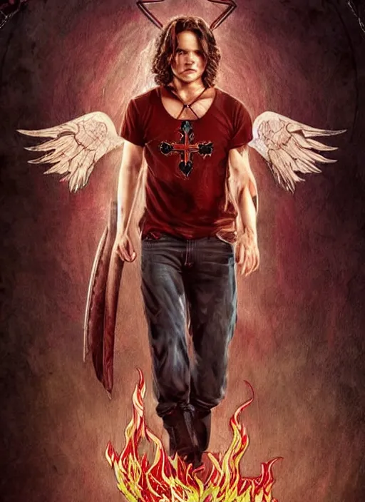 Prompt: Sam Winchester as a half-muscular half-blood angel with a big cross pendant and religious tattoos on chest and neck, stained and bleeding, magic overlays, magic flames, open portal with runes in the background, romance book cover style, D&D illustration style, (octane render) fantasy style, sharp focus, ultra detailed, art by Artgerm and Peter Andrew Jones, Ayami Kojima, Amano and Olivier Ledroit