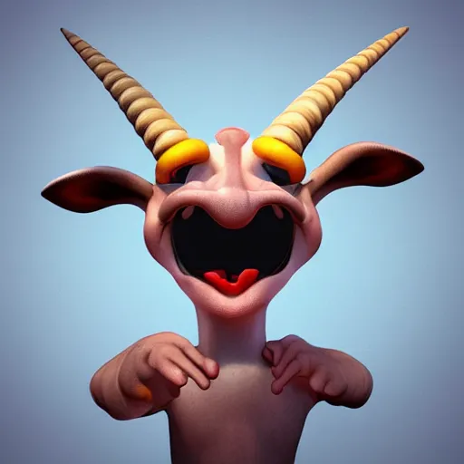Prompt: caricature hypnotic crazy goat with huge enormous crazy cartoony eyes, in the style of pixar characters, 3 d render, zbrush, artstation, octane render