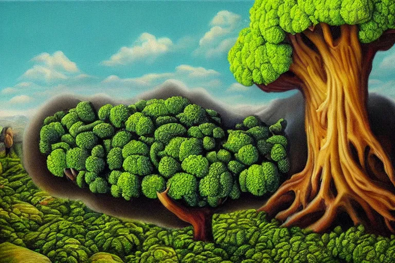 Image similar to broccoli hellscape, surrealism, elegant oil painting, highly detailed