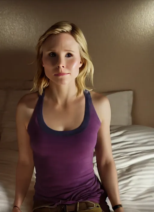 Prompt: gameplay footage, first person view, my pov, kristen bell on my bed looking at me, on my bed