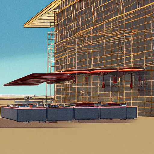 Image similar to rooftop bar overlooking beach in the style of Antoni Guadi, in the style of Mies van der rohe, digital illustration, Style of Moebius