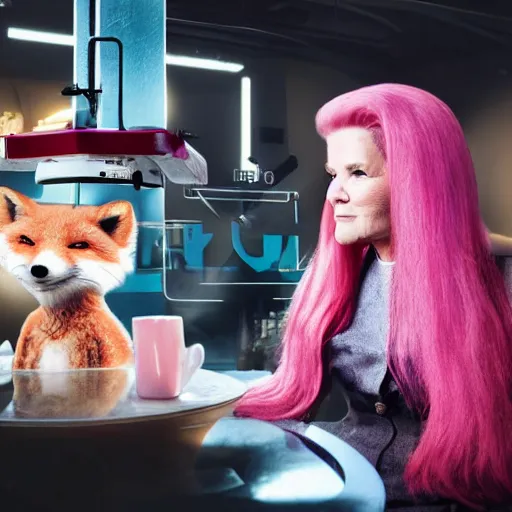 Prompt: captain janeway sharing coffee with a robotic fox with pink hair, inside a french cafe, real life photo, hdr 8 k advertising photography, studio lighting