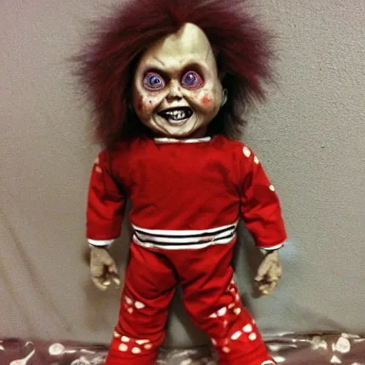 Prompt: Chucky the killer doll on sale at a garage sale vintage creepy