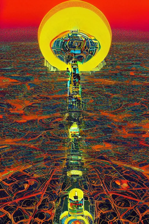 Image similar to a painting of a blazing geometric sun above a giant robotic monk, detailed, 4 k, by stanley donwood philippe druillet and victo ngai,