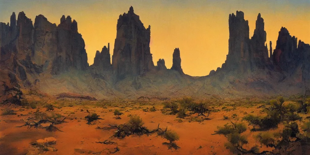 Prompt: Arizona desert, the passage of time, Oil Paint, Beautiful Lighting, by Frank Frazetta