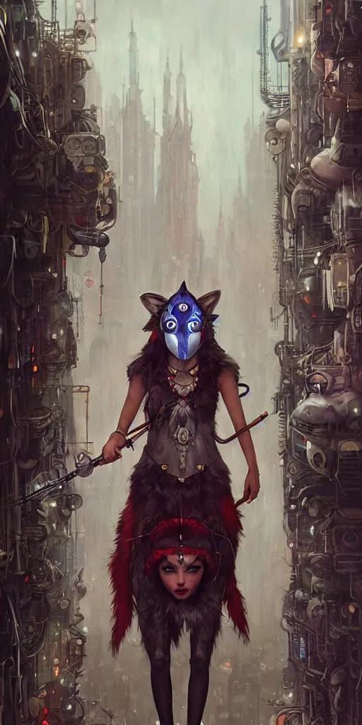 Image similar to hyper realistic Princess Mononoke in her mask, busy cyberpunk metropolis, city landscape, wolves, magic, castle, jewels, style of tom bagshaw, mucha, james gurney, norman rockwell, denoised, sharp