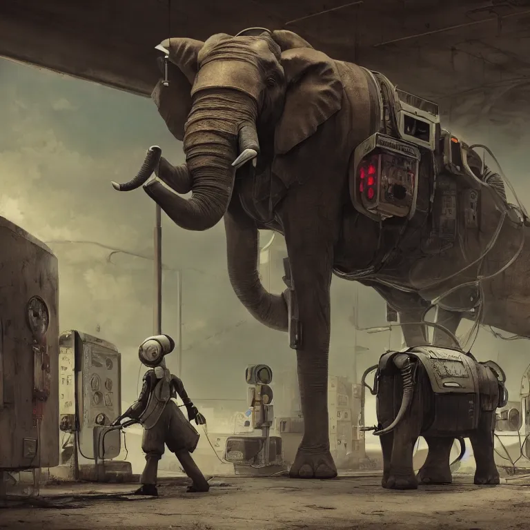 Image similar to a robotic elephant walking through an abandoned gas station in the style of howl's moving castle, 7 0's science fiction comics and enki bilal, cyberpunk, mystical, 8 k, high definition, realism, octane render, cinematic lighting