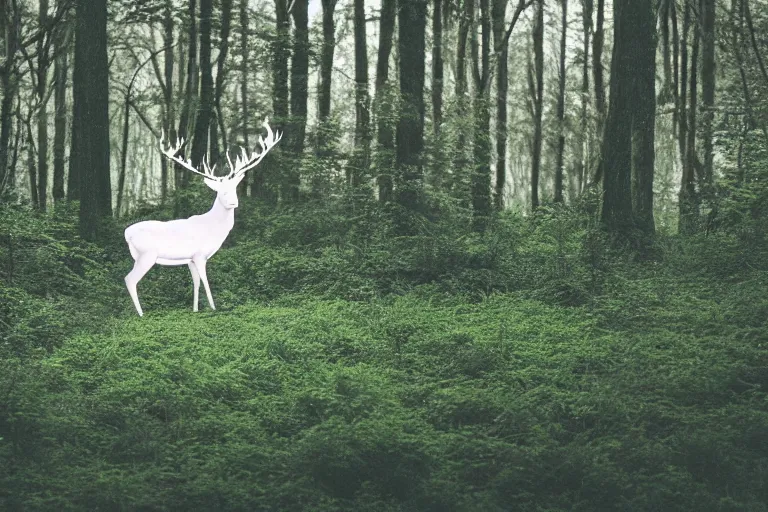 Prompt: a glowing white stag standing in ferns in the middle of the forest, at night