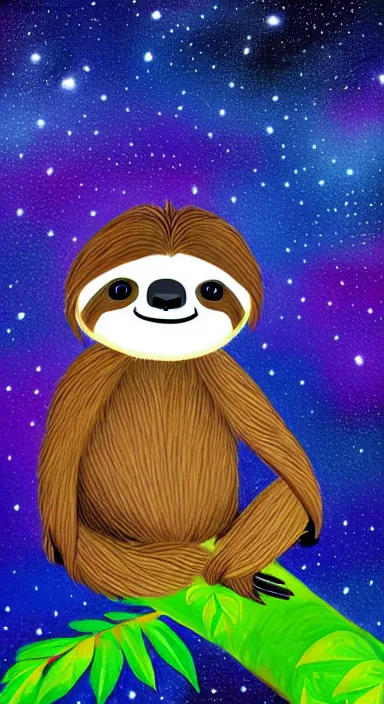 Image similar to a cute sloth hanging on a tree on a beautiful night with stars, made of beautiful colored thick flowing dramatic brush strokes, matte colors, trending on artstation