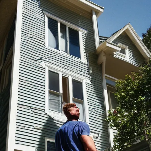 Image similar to A giant man kneeling in front of a house to talk to a regular sized man who is standing on the second floor balcony