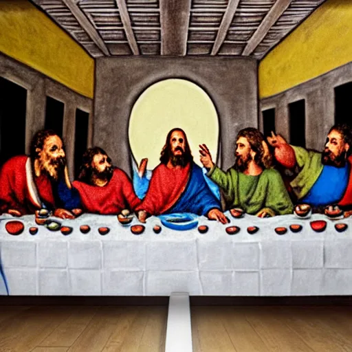 Prompt: the minions in the last supper mural painting